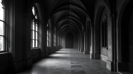 Obraz premium Dramatic gothic architecture corridor with archways and illuminated windows