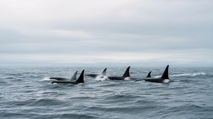 Fototapeta premium Oceanic orcas in a calm, overcast sea.