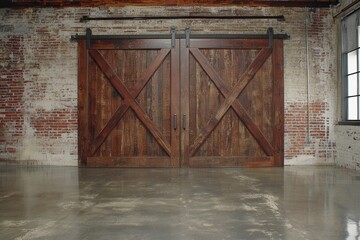 Rustic wooden barn doors open in an industrial-style interior with exposed brick walls