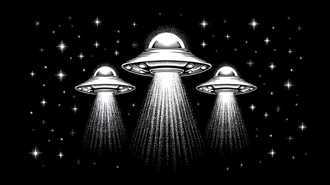 Three UFOs Night Flight with Space, Stars, and Alien.