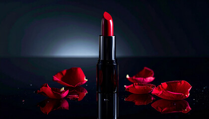 A designer lipstick with a velvet red bullet, standing upright on a reflective black acrylic