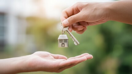 Hands exchanging house keys in a real estate transaction.