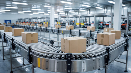 Computer engineering concept with cardboard box on conveyor belt in modern warehouse for efficient logistics and packaging process