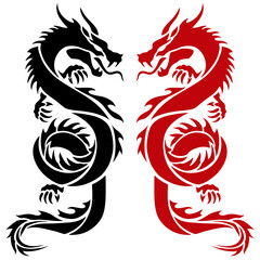 向き合った黒い龍と赤い龍のシルエット