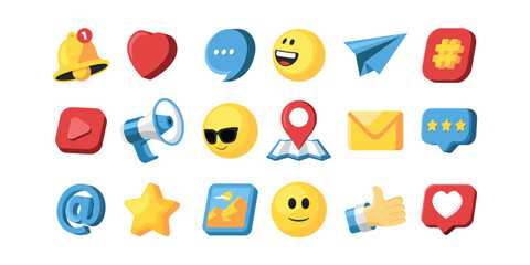 Social media element collection in 3d flat style. Bell notification, emoji, likes symbol, hastags.