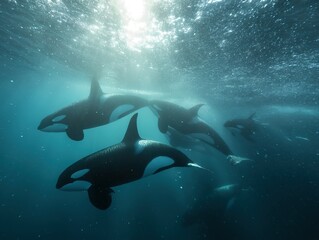 Fototapeta premium Oceanic killers gliding beneath a sunlit surface.