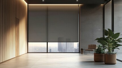 Modern Interior with Large Automatic Blackout Roller Blinds, Sleek Wooden Decor Panels, High-Tech Plant Pots and Electric Curtains Spacious Copy Space Image