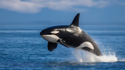Fototapeta premium Majestic orca leaping gracefully above the ocean waves.