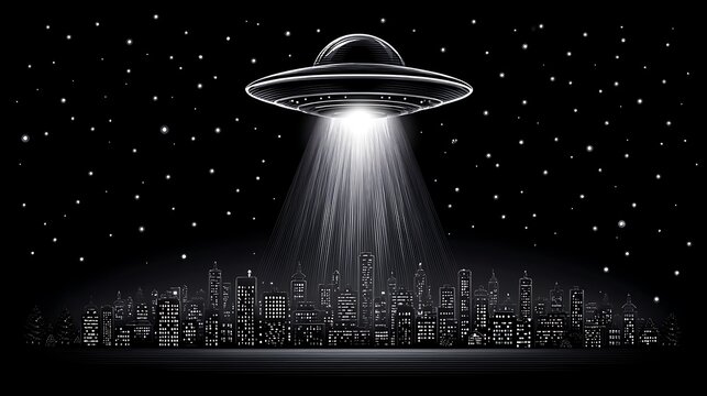 UFO over Cityscape Night Sky with Alien Encounter.