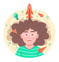 Active Kid Boy with Afro Hair Thinking Creative Idea with Rocket, Paper Plane and Thinking Bulb for Contemplation and Education Concept Illustration