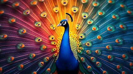 Fototapeta premium Vibrant peacock plumage displaying kaleidoscopic fan of intense colorations