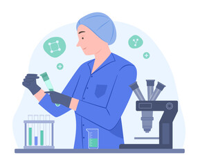 Female Scientist Testing Chemical with Laboratory Flask Tubes in Chemical Laboratory for Scientific Experiment Concept Illustration