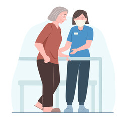 Physiotherapist Doctor Rehabilitates Elderly Woman Patient for Doing Walking Exercises for Rehabilitation and Healthcare Concept Illustration