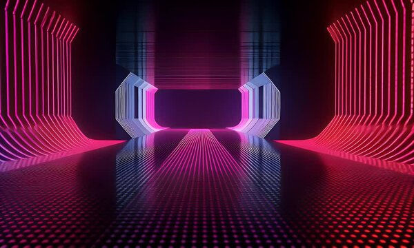 Digital background featuring neon lights and code patterns on a dark backdrop, creating an atmosphere of futuristic technology and digital innovation. 