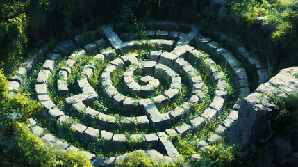 Intricate stone labyrinth nestled among greenery invites exploration and curiosity on a sunny day. [Hollow Monoliths] | Stone Labyrinths | ancient trap. Illustration
