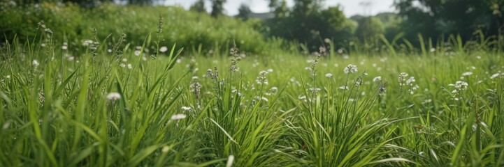 Obraz premium Close-up of flowering plants amidst lush green June grass, photography, detail, summer