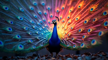 Spectacular display of vibrant peacock feathers in rainbow spectrum color