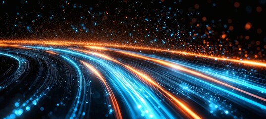 Obraz premium Neon lit high speed light trails on a dark futuristic road representing data highways artificial intelligence driven computing technology futuristic transportation and innovation in digital, 