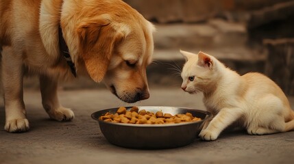 Cat and Dog Sharing a Meal: A cat and dog sharing a bowl of food, eating side by side harmoniously.
