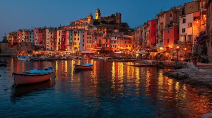 Vibrant evening cityscape reflected in a tranquil harbor.