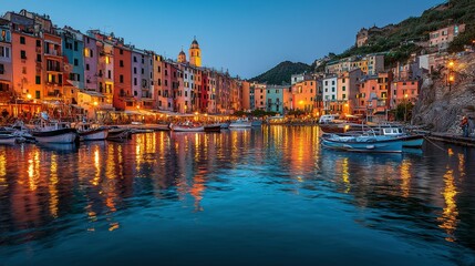 Obraz premium Colorful waterfront town at twilight reflecting in water.
