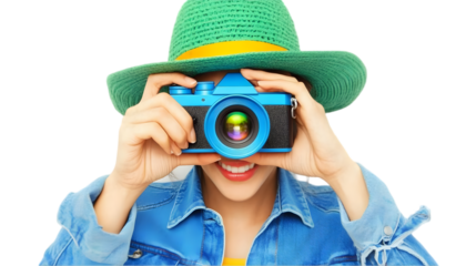 Cheerful Woman with Blue Camera in Green Hat and Denim Jacket Photo