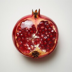 Half pomegranate, vibrant red seeds, juicy interior, top-down view