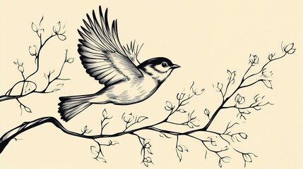 Obraz premium Ink drawing of a bird in flight, amidst branches and blossoms, suitable for prints and posters