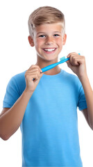 Cheerful Young Boy Holding Toothbrush Smiling Isolated Transparent Background