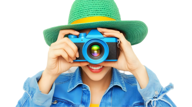 Cheerful Woman with Blue Camera in Green Hat and Denim Jacket Photo