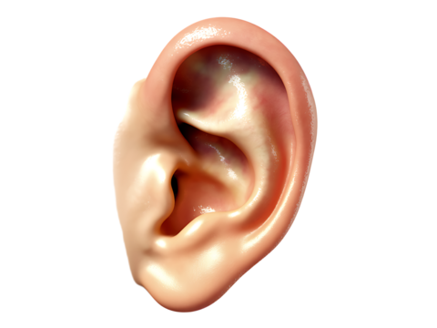 Detailed anatomical illustration of a human ear depicting the outer ear structure in close up