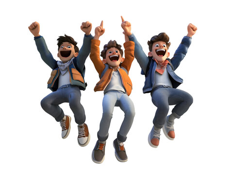 Cheerful Young Boys Jumping with Raised Arms Celebrating Success 3D Illustration