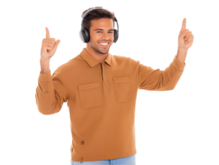 Cheerful Young Man With Headphones Listens To Music And Points Up
