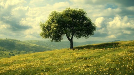 Solitary tree stands sentinel over a vibrant meadow landscape.