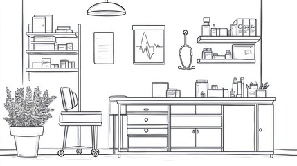 Medical office interior line drawing, empty room,  clean  equipment, shelves.  Possible use medical illustration
