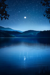 Moonlit Harmony: Embracing the Night's Tranquil Symphony under a Starlit Sky Reflection