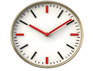 3D Rendering of a Round White Clock Face with Gold Trim and Red Hands