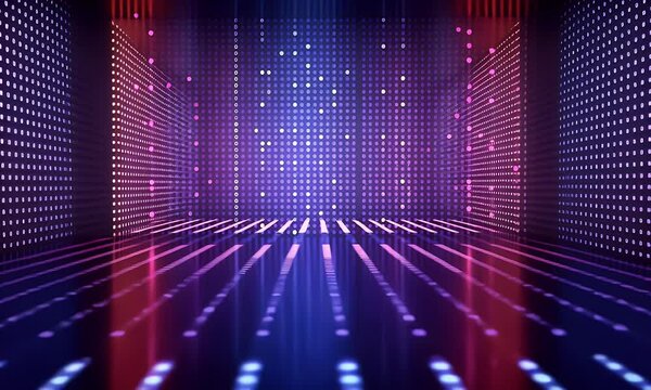 Digital background featuring neon lights and code patterns on a dark backdrop, creating an atmosphere of futuristic technology and digital innovation. 