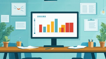 Modern Office Room with Computer Showing Data, Suitable for Business or Educational use