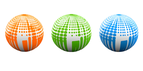 3D Spheres Illustration With Geometric Patterns In Orange Green And Blue Colors