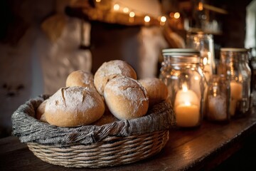 Freshly Baked Bread Rolls in Wicker Basket on Wooden Table with Candles, Festive Mood