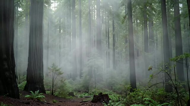 Foggy Redwood Forest Morning: Tranquil Atmosphere in Lush Green Nature Scene