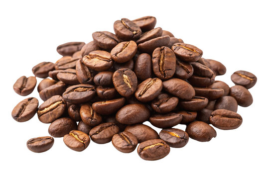 Roasted brown coffee beans, isolated on white, offer a rich aroma of caffeine for your next espresso drink