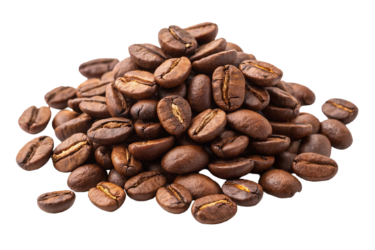 Roasted brown coffee beans, isolated on white, offer a rich aroma of caffeine for your next espresso drink