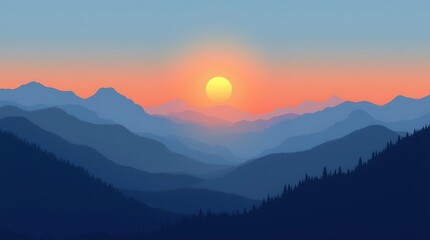 Geometric Landscape Illustration of Mountain Ranges at Sunset or Sunrise