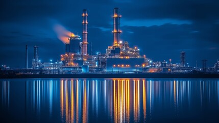 Fototapeta premium Night Scene of Gas-Fired Power Plant Showcasing Advanced Technology and Energy Production in Minimalist Dark Setting