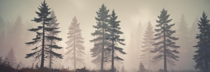 Fototapeta premium Ancient fir trees shrouded in ethereal mist, retro color palette, dark, grey