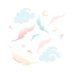 Pastel Feathers And Clouds Design On Black Background Vector Illustration