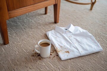 Spilled coffee from a white mug stains a white shirt on carpet, under a wooden table leg.