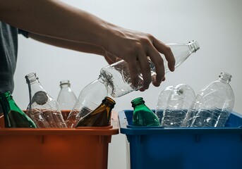 Hands sorting bottles into designated containers for material recovery